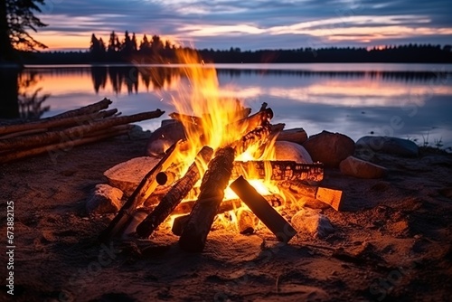 Glowing campfire by the lake. Sunset with open flame illustration. AI generative.