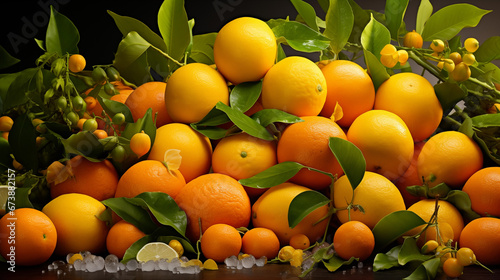 A group of oranges and lemons with leaves - fruit background wallpaper