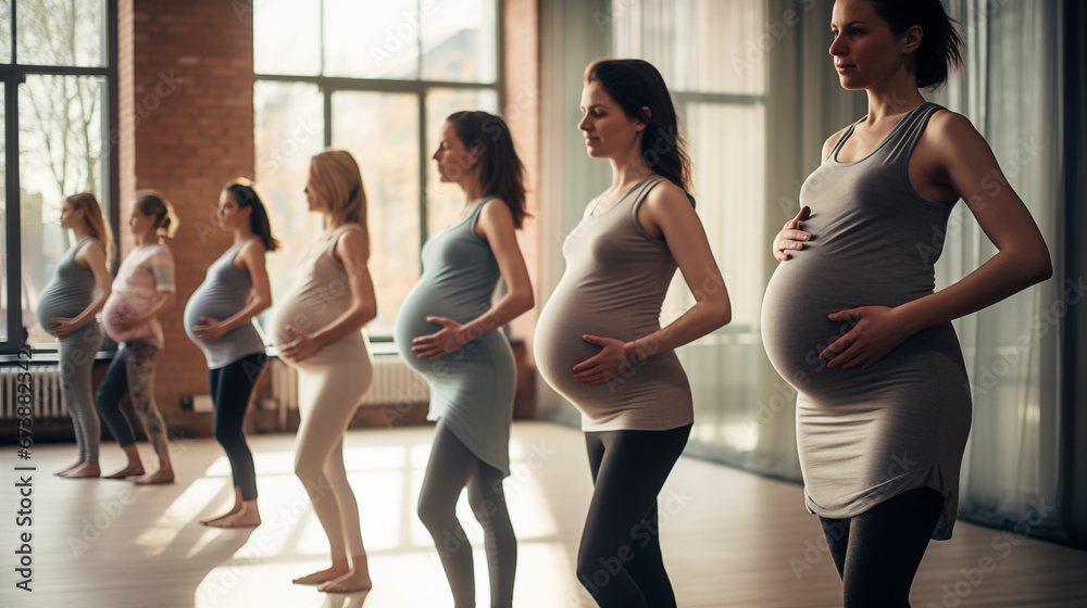 Fototapeta premium A group of pregnant women in sportswear doing yoga in the gym.