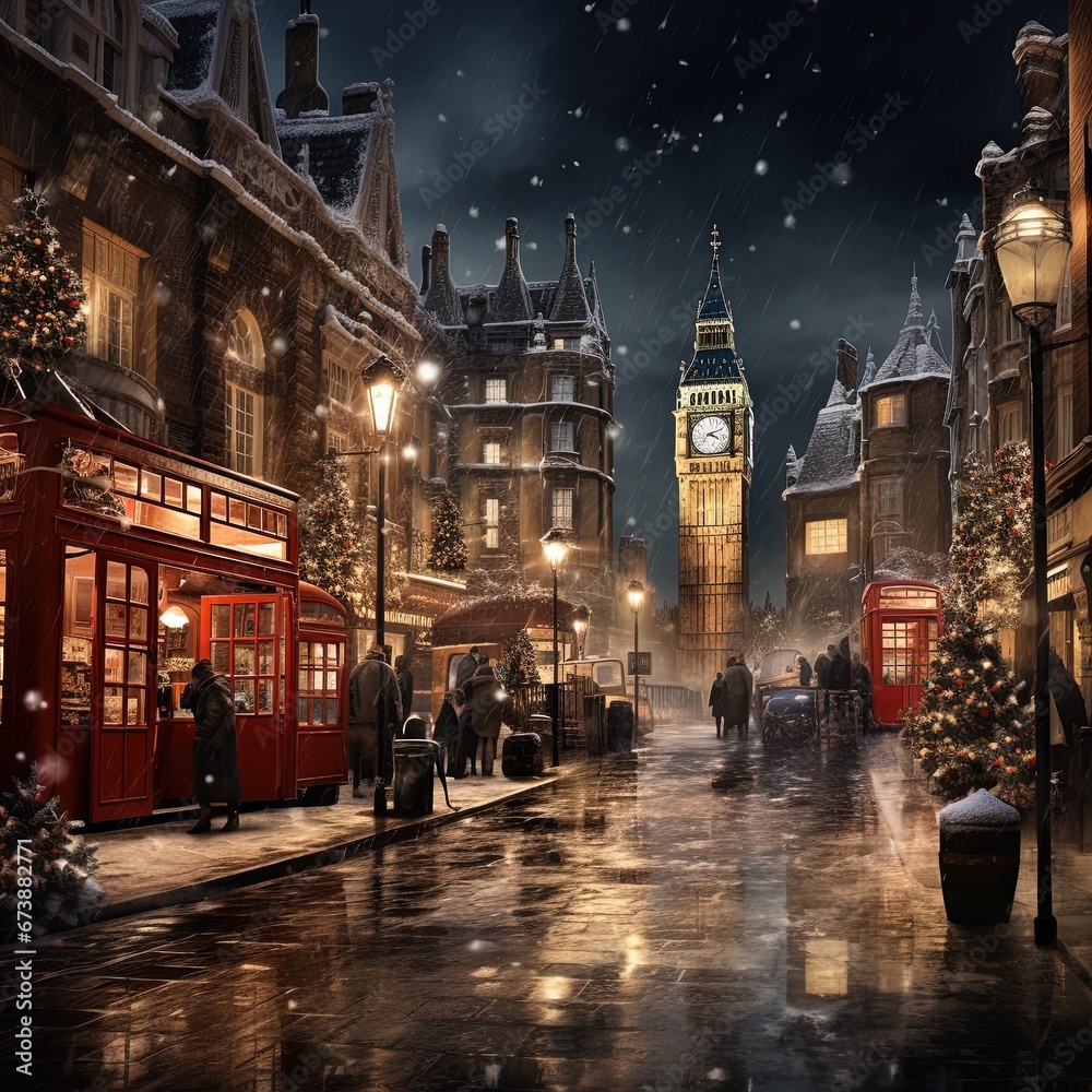 Winter snowy small city street with lights in houses, falling snow town night landscape. background.