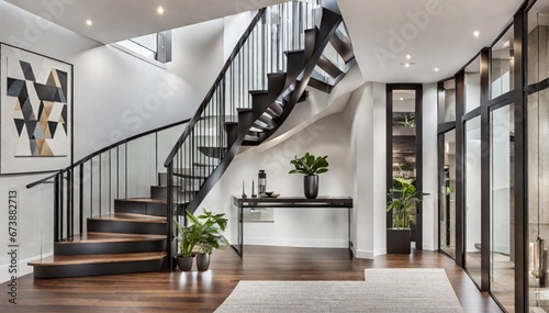 Home with sleek staircase leading up to the entrance.