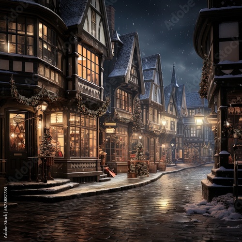 Winter snowy small city street with lights in houses  falling snow town night landscape. background.