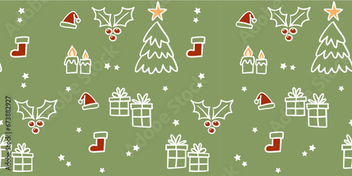 Christmas seamless pattern. Holidays elements in endless texture background. Doodle illustrations.