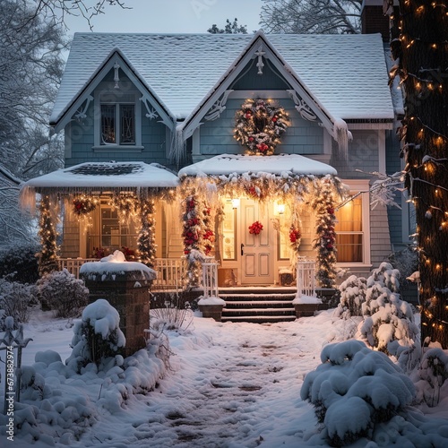 Winter snowy small city street with lights in houses, falling snow town night landscape. background.