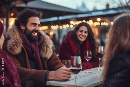 Happy friends drinking red wine dining at restaurant terrace - Group of young people wearing winter clothes having fun at outdoors winebar table