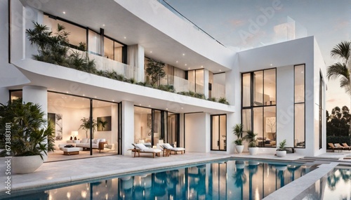  White building with a stunning outdoor pool. photo