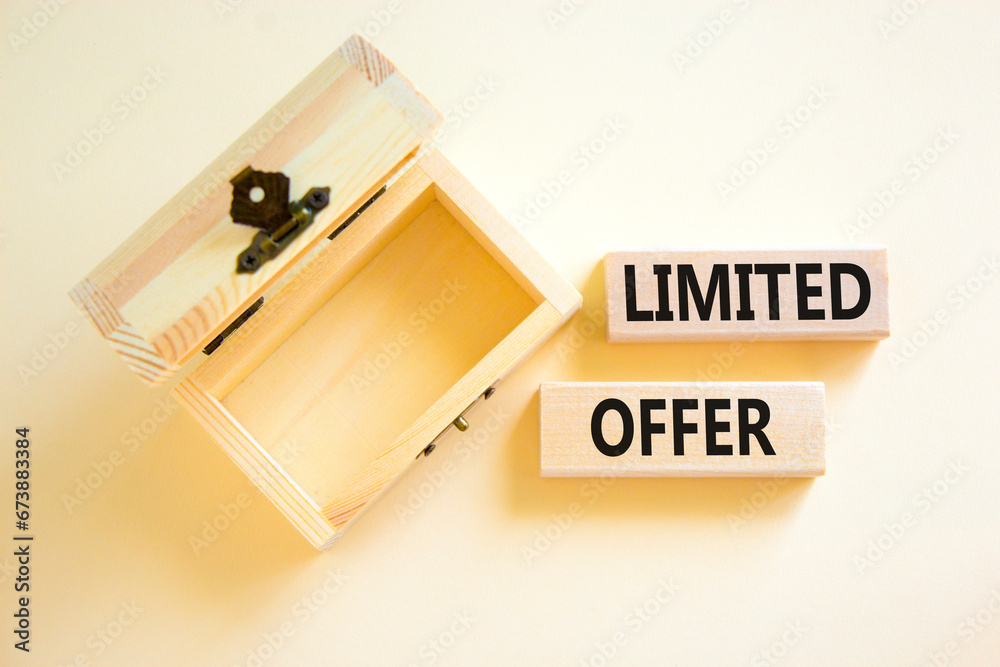 Limited offer symbol. Concept words Limited offer on beautiful wooden block. Beautiful white table background. Empty wooden chest. Business marketing, motivational Limited offer concept. Copy space. Limited offer symbol. Concept words Limited offer on beautiful wooden block. Beautiful white table background. Empty wooden chest. Business marketing, motivational Limited offer concept. Copy space.