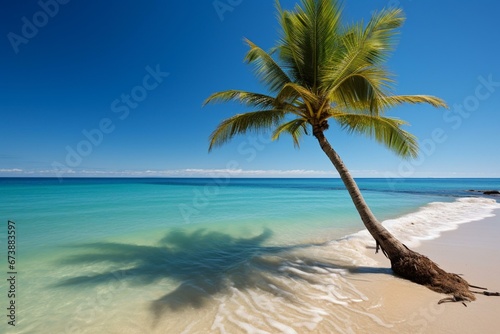 A scenic beach with clear water, sandy shore, and palm tree. Represents summer and vacation. Generative AI