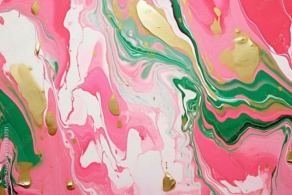 Abstract background with marbled surface in white, gold, and pink hues. Acrylic paint pouring creates decorative rock-like texture. Horizontal natural abstract pattern in pink, gold,. Generative AI