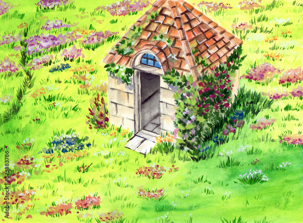 Watercolor illustration of a fairy-tale house under a tiled roof on a ...