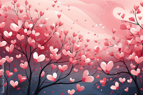 Pink heart-filled trees under a soft pink sky 