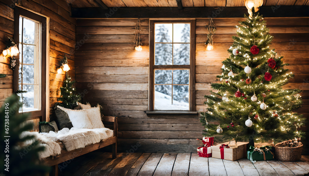 wooden cabin interior with a christmas tree decorated and shinning with lights full of gift under. Next to a window with natural sunlight during winter season wooden cabin interior with a christmas tree decorated and shinning with lights full of gift under. Next to a window with natural sunlight during winter season