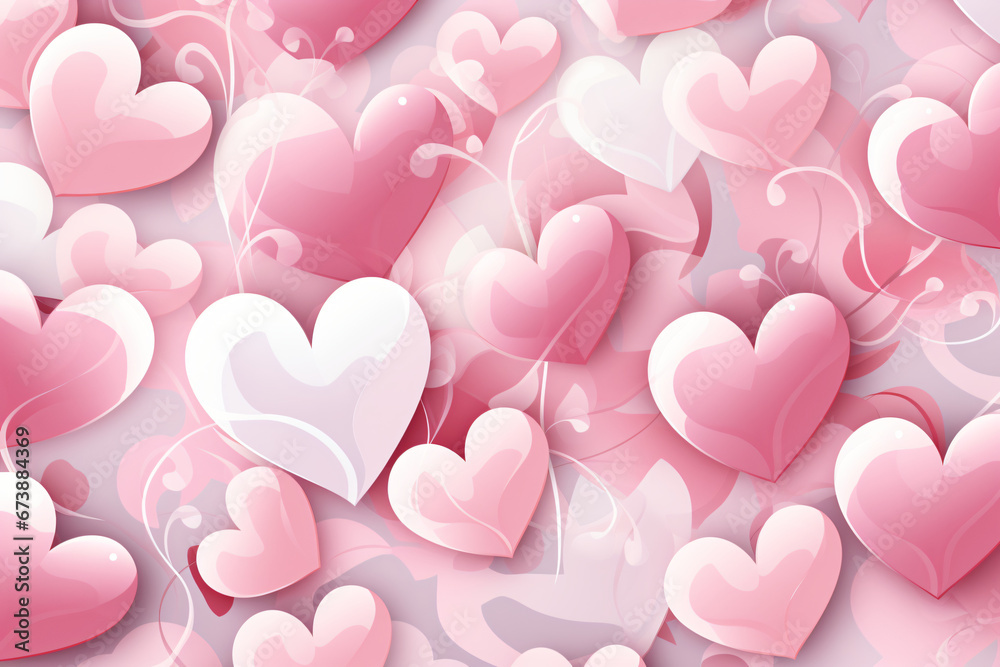 Pink hearts of varying shades overlap on a white background