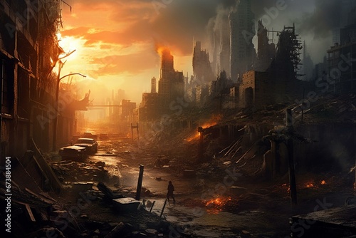 Illustration of a city in ruins  depicting an apocalyptic landscape. Generative AI