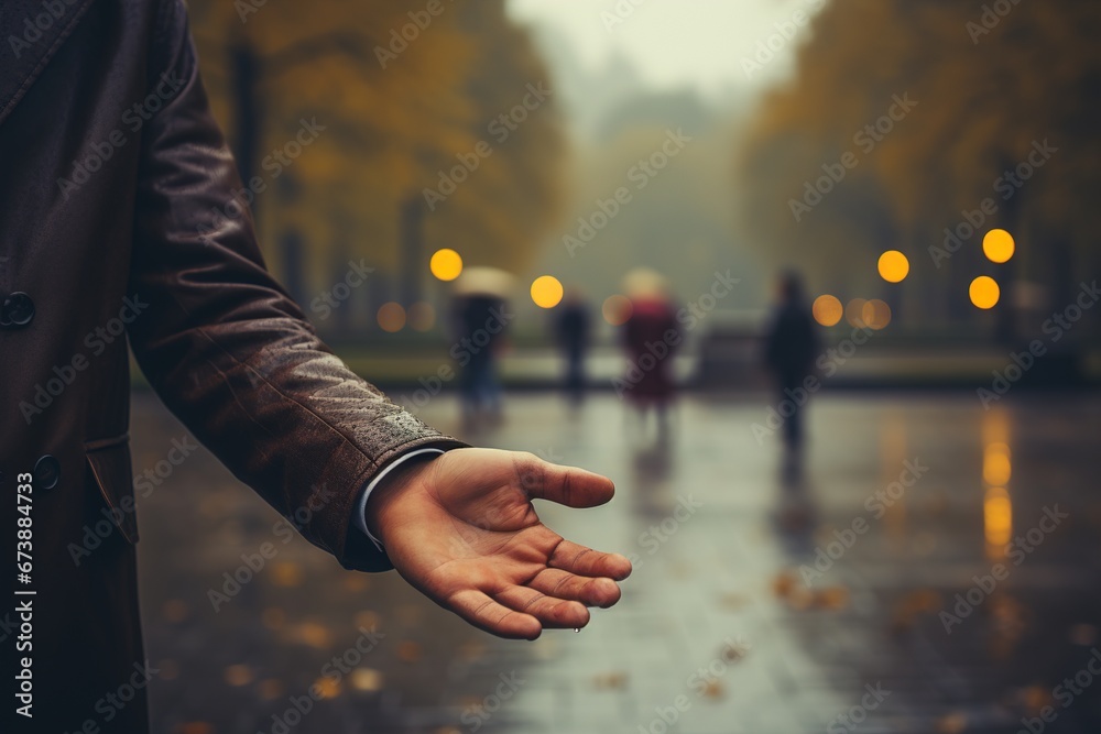 Rain is dropping on a man's hand.Sweet smell of rain - obrazy, fototapety, plakaty 