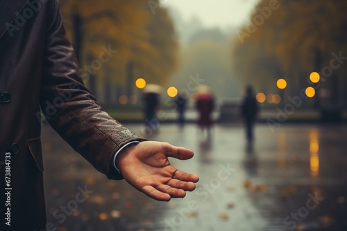 Rain is dropping on a man's hand.Sweet smell of rain
