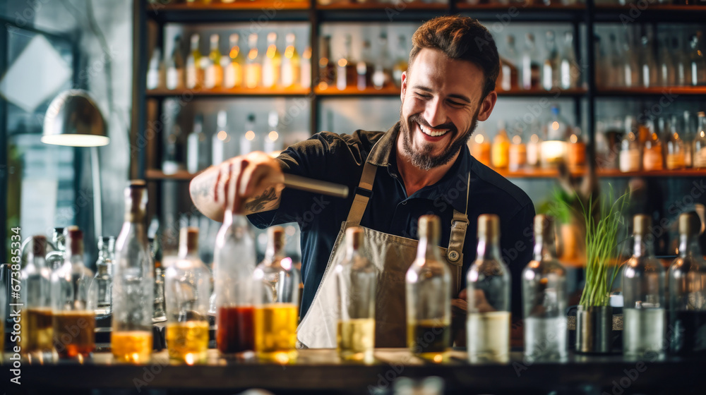 Young professional bartender mixing beverages with mixing glasses and bottles in a bar.