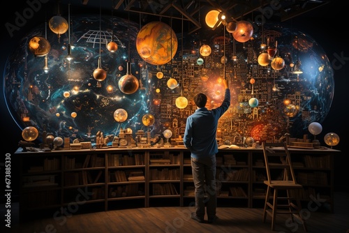 a man teaches astronomy, magically photo