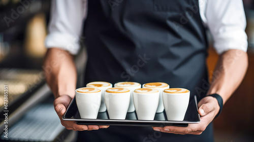 Waiter serving baristas a tray of latte cups.