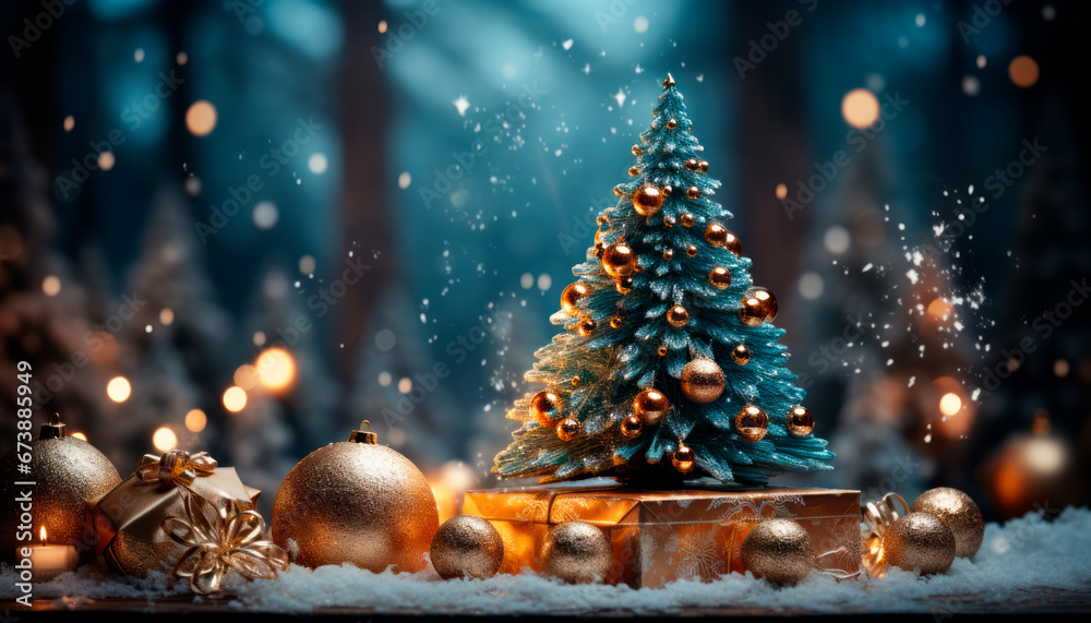 Christmas decoration on snow with christmas tree and bokeh background. Generative AI