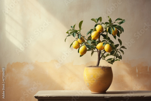 Fruiting lemon tree growing in pot on wooden table against vintage wall with sunlight.
