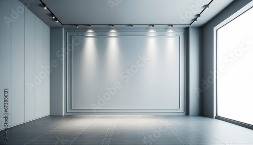 Fototapeta Naklejka Na Ścianę i Meble -  Modern gallery interior with empty wall and lights. Mock up. Generative AI