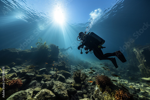 Divers are diving in the sea with coral reefs