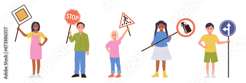 Happy kid cartoon characters isolated set holding road sign having traffic education school lesson
