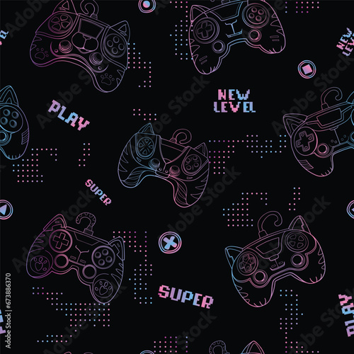 Abstract seamless gamepads pattern. Game pads repeat print on digital black endless background. Digital Text Game over, Play. Gaming repeated wallpaper for boy clothes, sport textile, wrapping paper