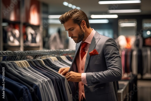 Stylish Man in Suit Shopping for Clothes in Boutique