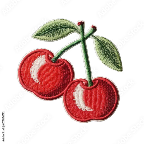 Cherry embroidery patch isolated on transparent background. Fruit decoration for fashionable girls