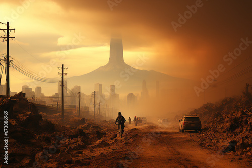 Dusty city landscape pollutes the atmosphere