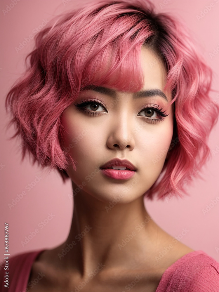 Asian Woman with Short Pink Hair in a Chic Bob Hairstyle Asian Woman with Short Pink Hair in a Chic Bob Hairstyle