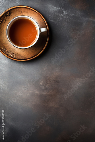 minimalist gray background with a Tea cup, cappuccino, coffee , top view with empty copy space