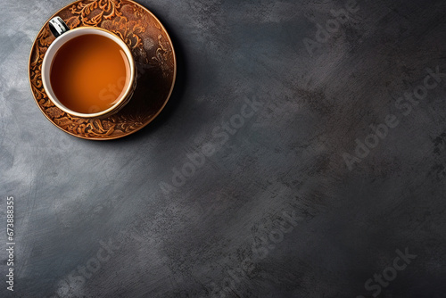 minimalist gray background with a Tea cup, cappuccino, coffee , top view with empty copy space