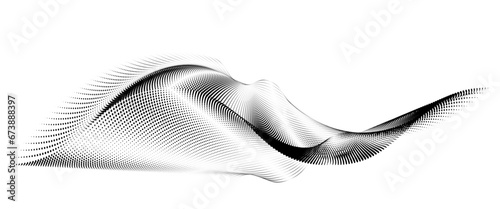 An abstract vector illustration, Dynamic particle waves in a halftone gradient create a flowing dot curve on a white canvas, embodying technology, sound, music, and contemporary aesthetics. photo