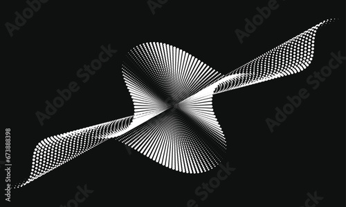 An abstract vector illustration, Dynamic particle waves in a halftone gradient create a flowing dot curve on a black Background, embodying technology, sound, music, and contemporary aesthetics. photo