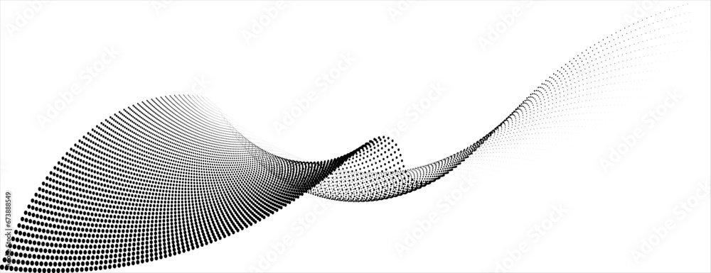 An abstract vector illustration, dynamic particle waves in a halftone gradient, forming a flowing dot curve against a white backdrop, embodying technology, sound, music, and modern aesthetics - obrazy, fototapety, plakaty 