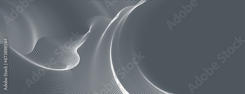 An abstract vector illustration, 3D curve formed by flowing dot particles against a steel gray background, designed to evoke a technology-themed ambiance.