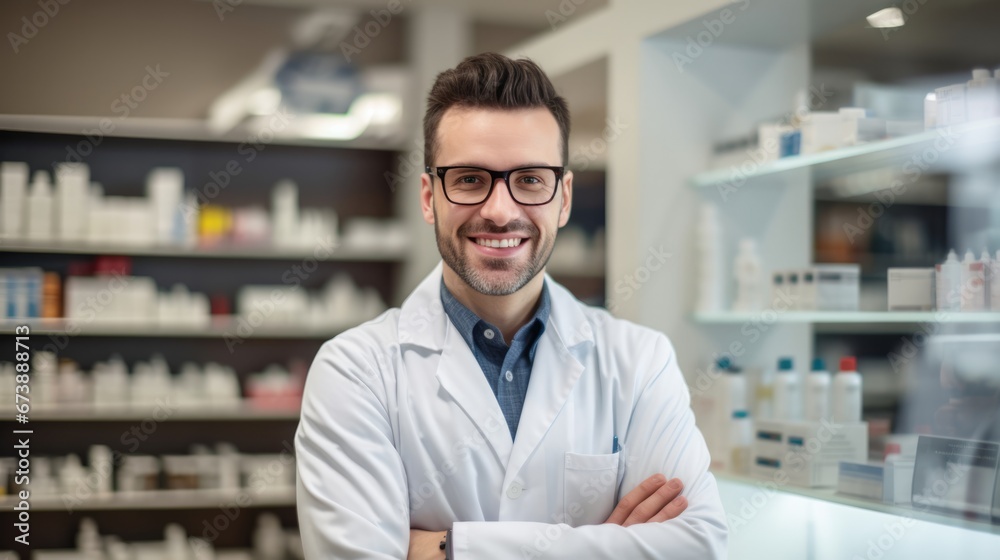 Portrait of male pharmacist standing on counter at modern drugstore.