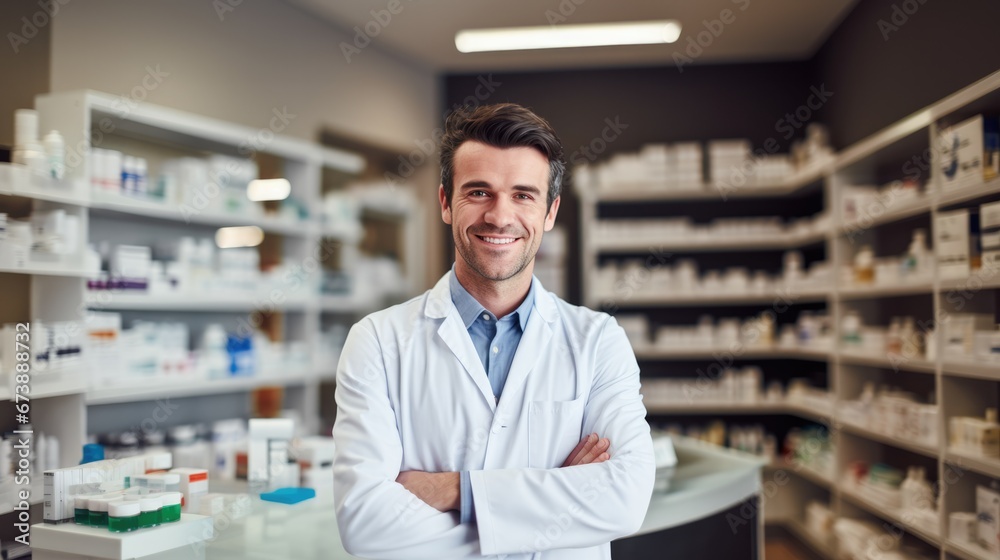 Portrait of male pharmacist standing on counter at modern drugstore.