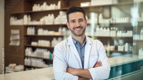 Portrait of male pharmacist standing on counter at modern drugstore.