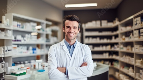 Portrait of male pharmacist standing on counter at modern drugstore. © Oulaphone