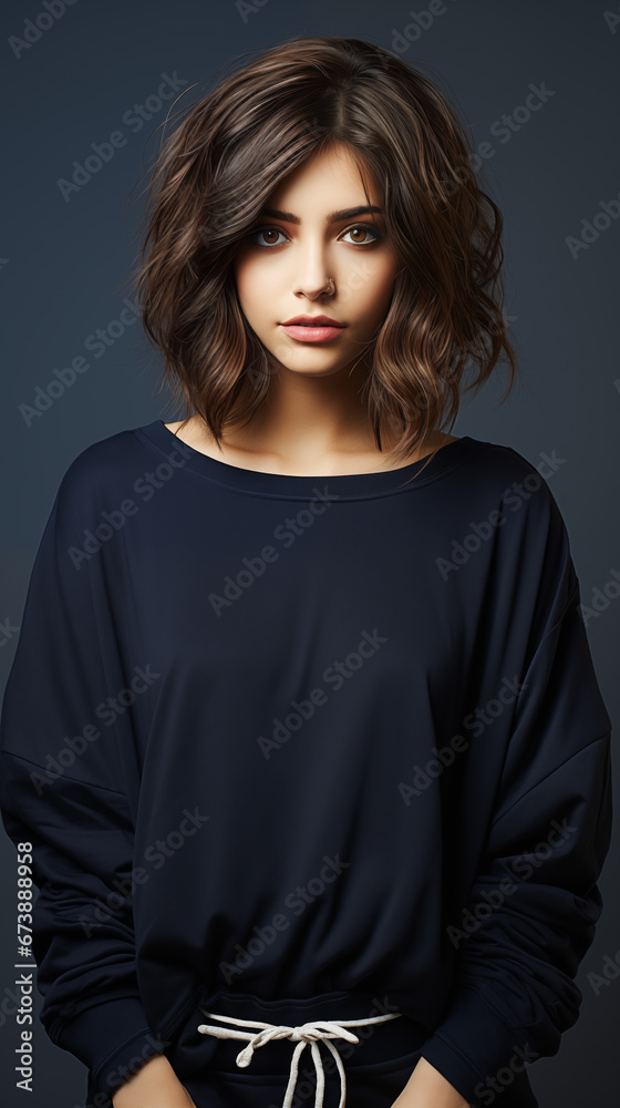 brown haired woman wearing a navy blue wide neck sweater, product apparel photography style, studio photoshoot, light white gray studio background. AI generated brown haired woman wearing a navy blue wide neck sweater, product apparel photography style, studio photoshoot, light white gray studio background. AI generated
