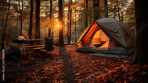 Relaxation day, traveling and setting up a tent in the forest. There is a comfortable atmosphere. © Gun