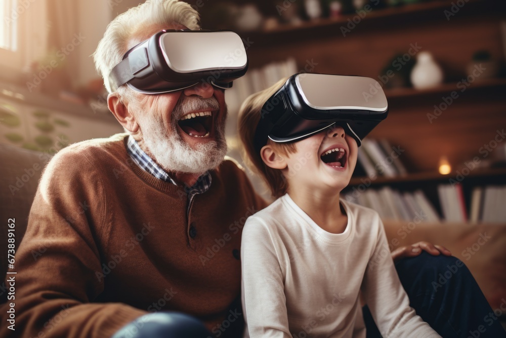 Stylish modern happy grandfather and grandson playing together exciting interesting video games using virtual reality headsets and gamepads at cozy home.