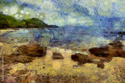 The island beach landscape is an impressionist style painting. © Kittipong