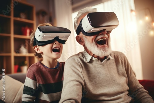 Stylish modern happy grandfather and grandson playing together exciting interesting video games using virtual reality headsets and gamepads at cozy home.