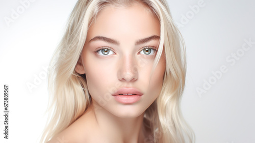Face, beauty and satisfaction with a model beautiful blonde woman in studio on a white background to promote natural skincare.