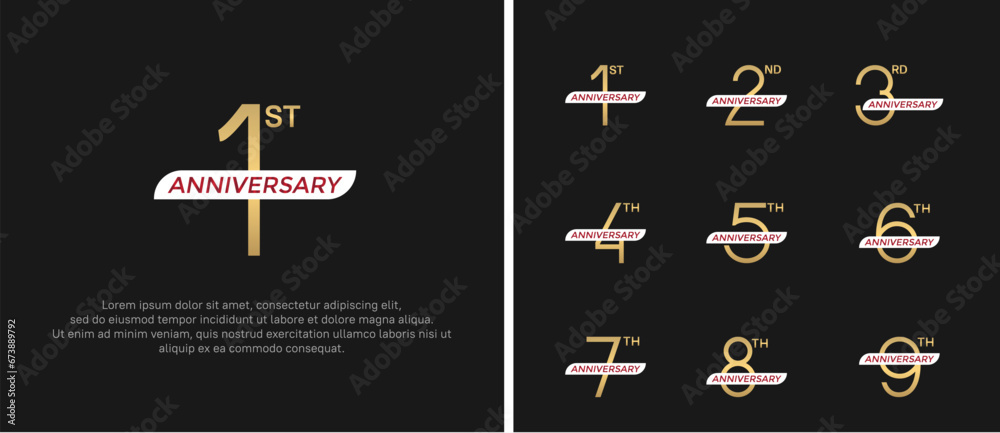 set of anniversary logo gold color and white ribbon on black background for celebration moment